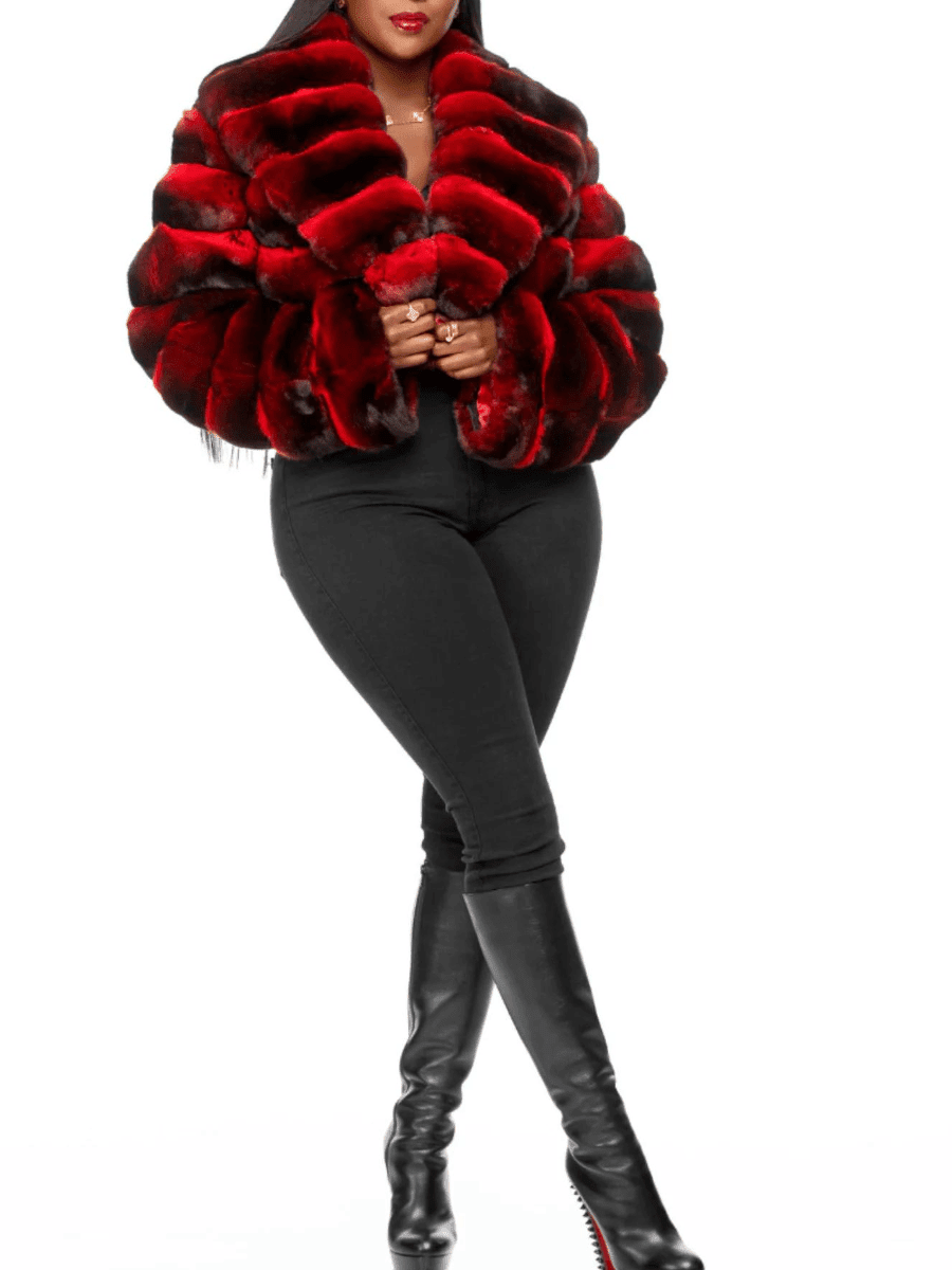 Red - Brown Gradient Patchwork Faux Fur Cropped Coat - allsose