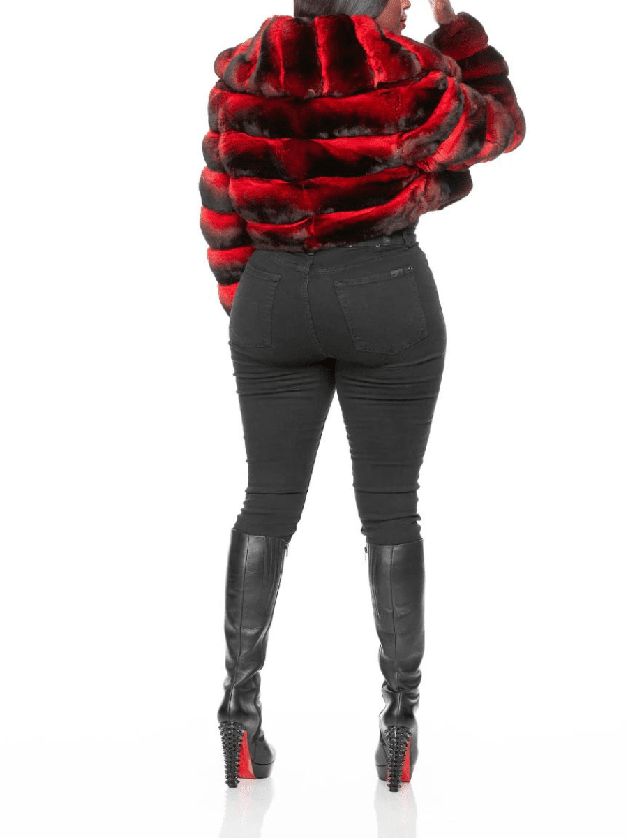 Red - Brown Gradient Patchwork Faux Fur Cropped Coat - allsose