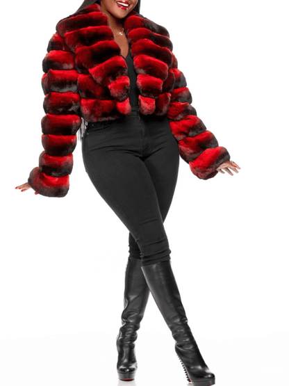 Red - Brown Gradient Patchwork Faux Fur Cropped Coat - allsose