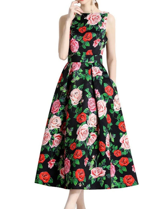 Red Flower Vntage Print Dress - allsose