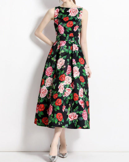 Red Flower Vntage Print Dress - allsose