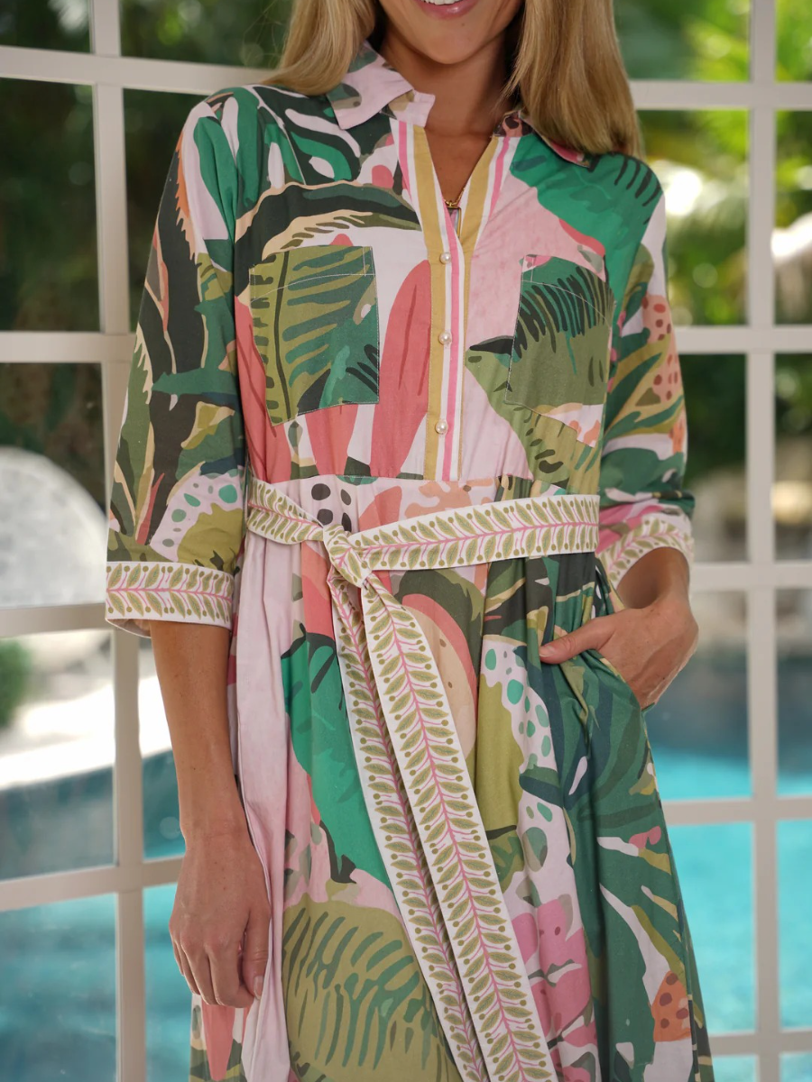 Resort Wear Tropical Leaf Print Midi Dress - allsose