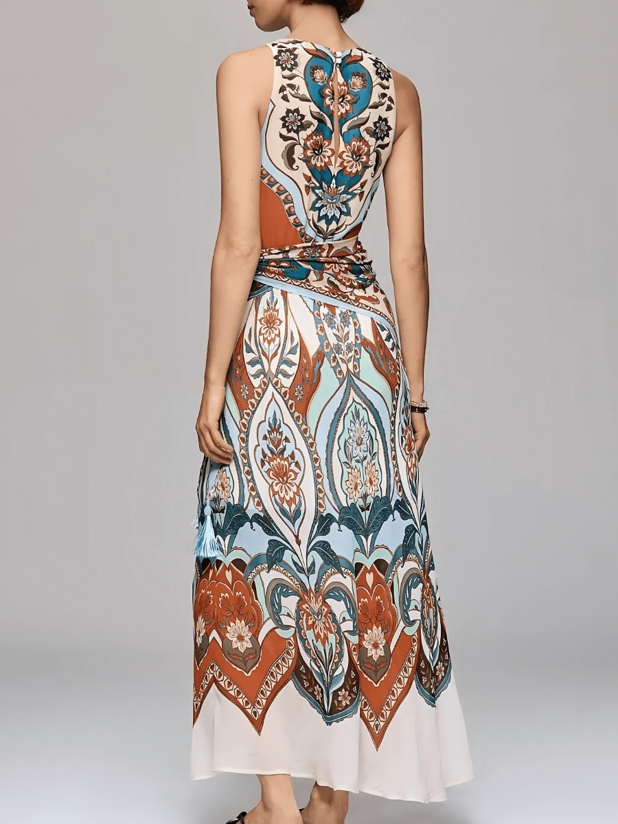 Retro Paisley Print Sleeveless Wrap Maxi Dress - Tassel Accent Flowy Summer Dress For Women - allsose