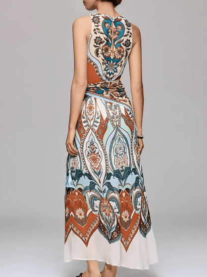 Retro Paisley Print Sleeveless Wrap Maxi Dress - Tassel Accent Flowy Summer Dress For Women - allsose