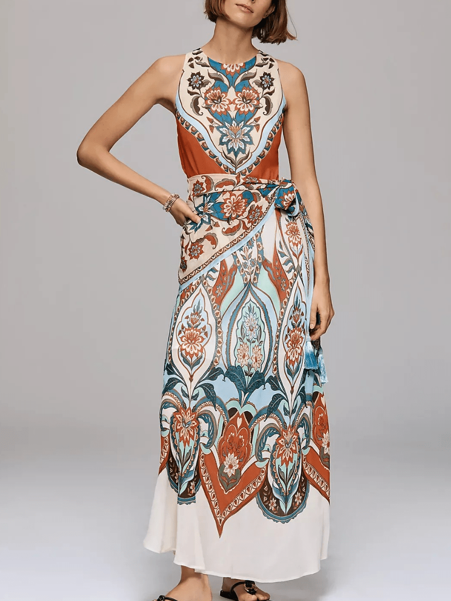 Retro Paisley Print Sleeveless Wrap Maxi Dress - Tassel Accent Flowy Summer Dress For Women - allsose