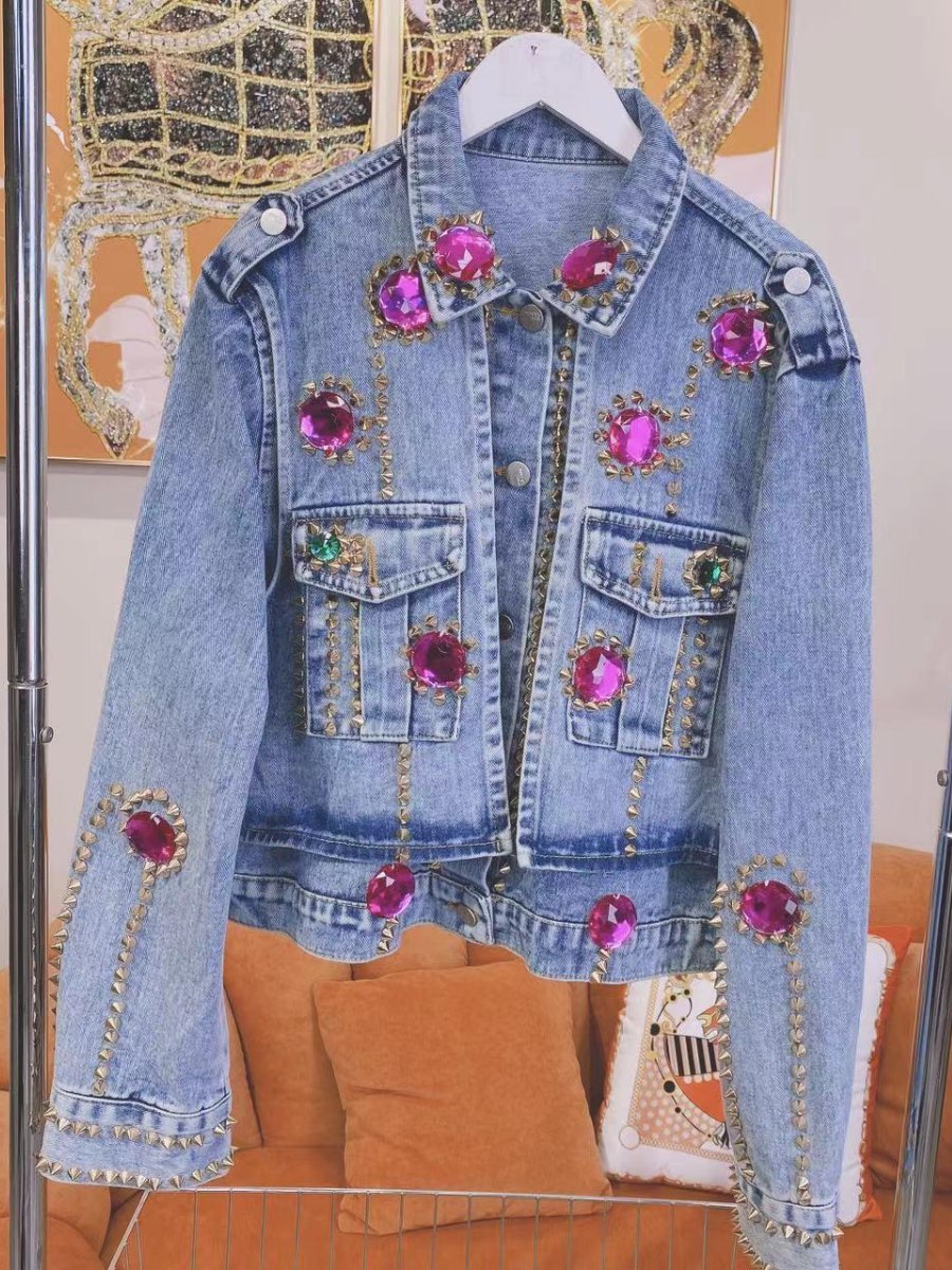 Rhinestone Beaded Denim Jacket - allsose