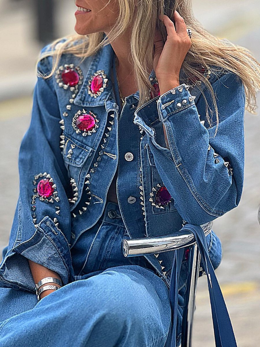 Rhinestone Beaded Denim Jacket - allsose