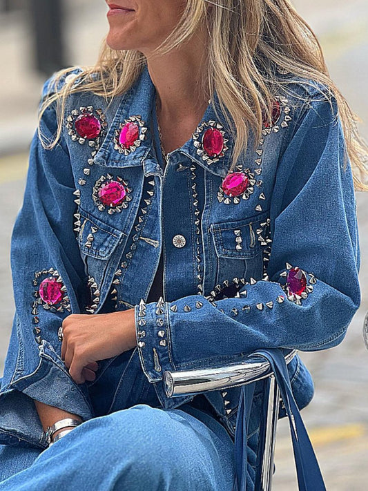 Rhinestone Beaded Denim Jacket - allsose