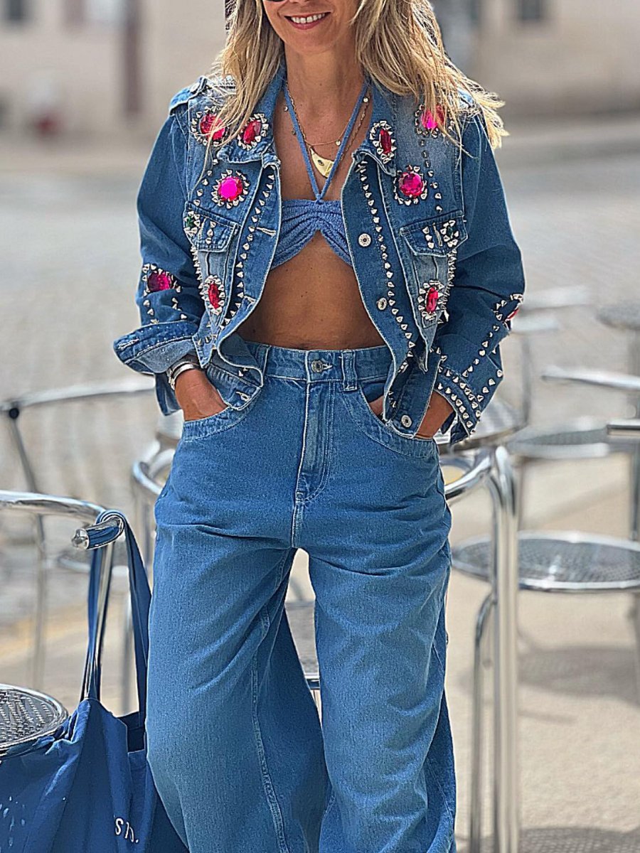 Rhinestone Beaded Denim Jacket - allsose