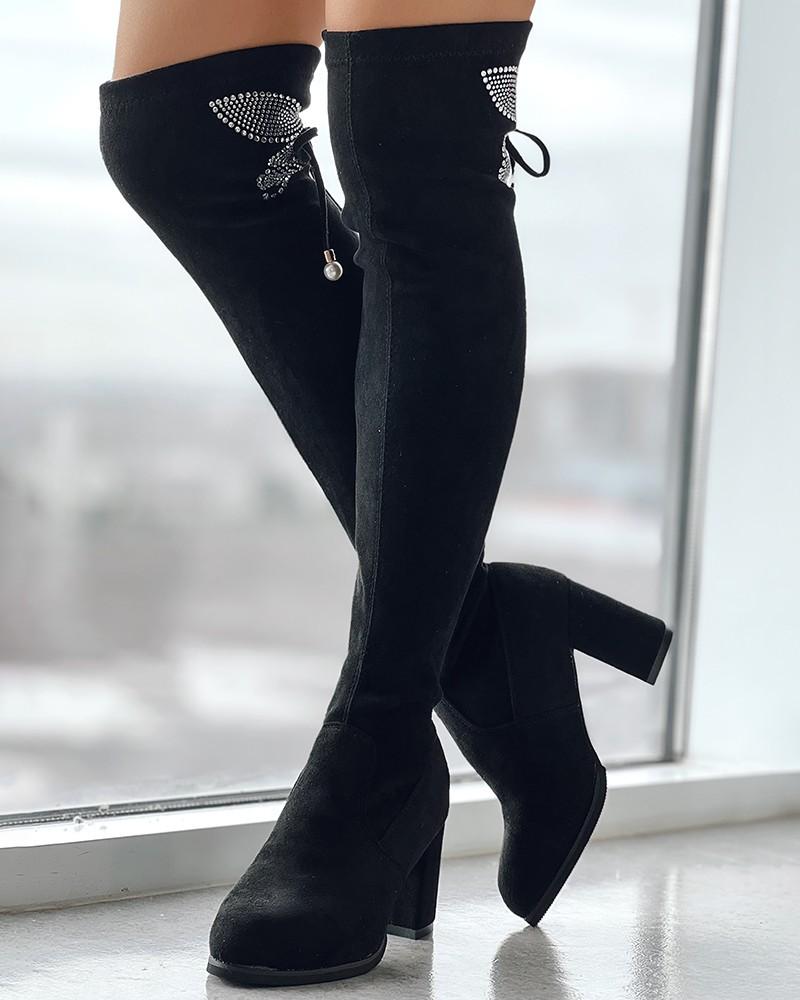 Rhinestone Butterfly Pattern Bow Thick Heel Boots - allsose