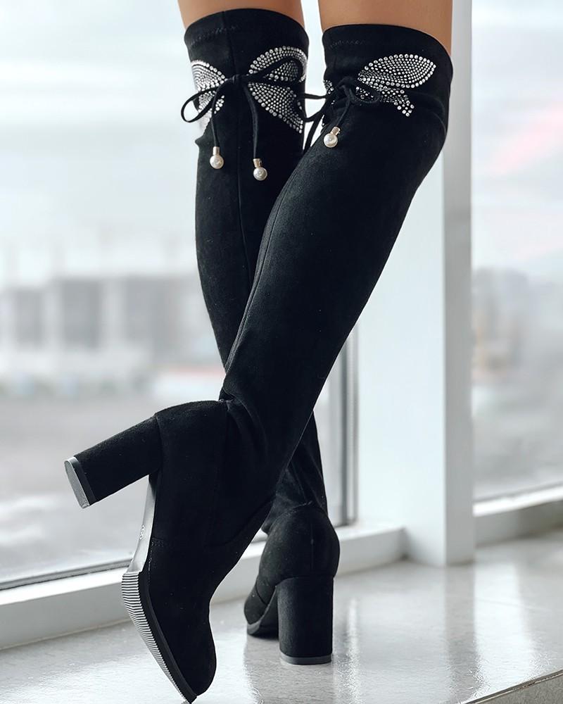 Rhinestone Butterfly Pattern Bow Thick Heel Boots - allsose