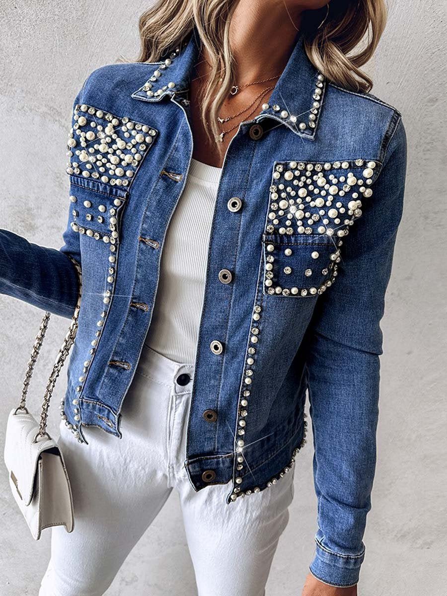 Rhinestone Pearl Decor Denim Jacket - allsose