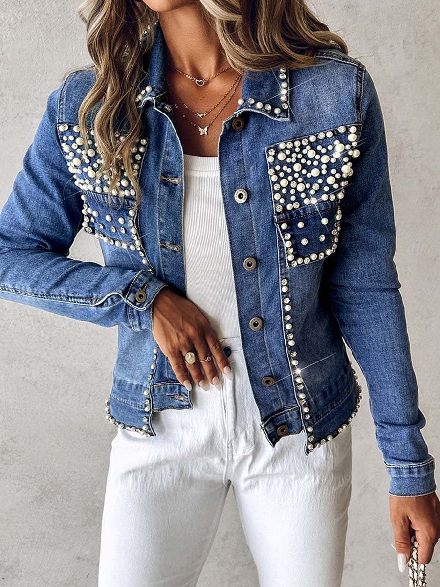 Rhinestone Pearl Decor Denim Jacket - allsose