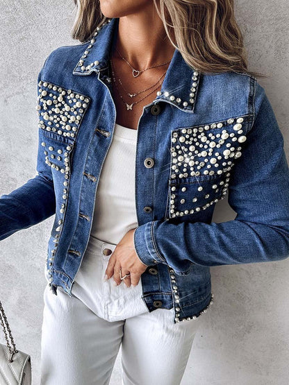 Rhinestone Pearl Decor Denim Jacket - allsose