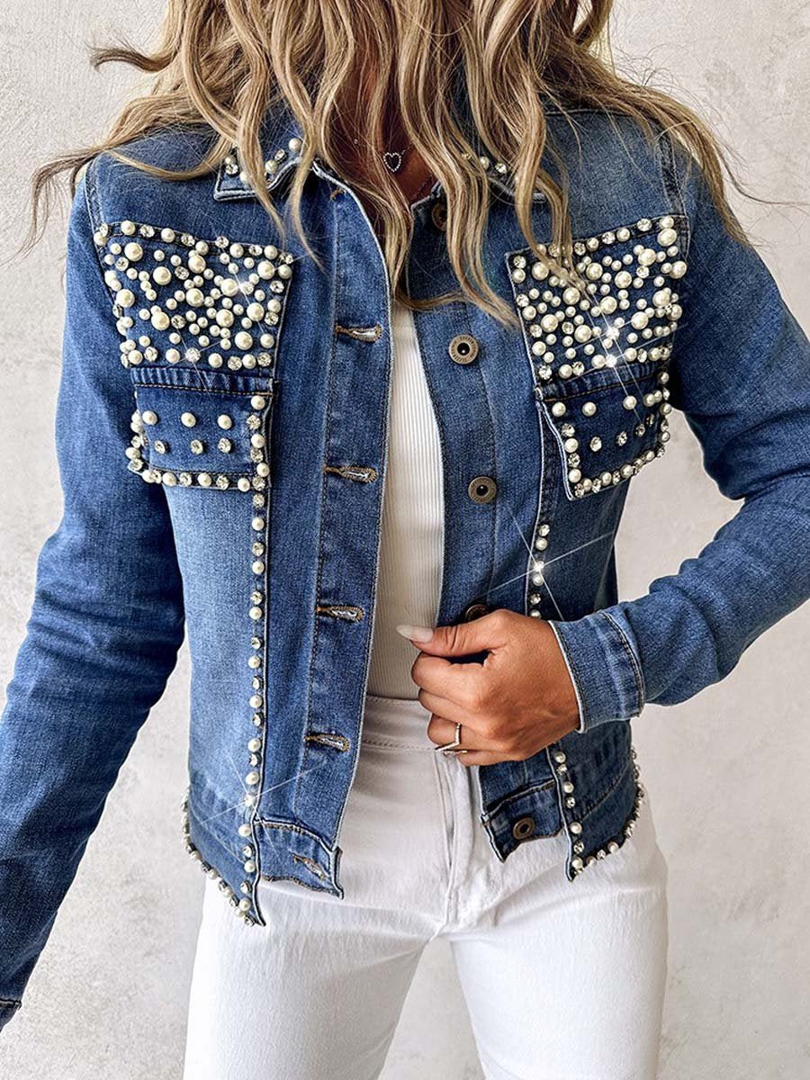 Rhinestone Pearl Decor Denim Jacket - allsose
