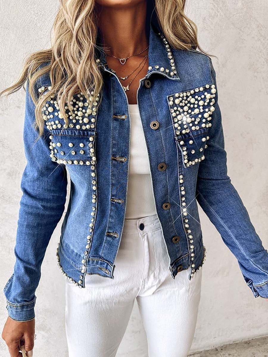 Rhinestone Pearl Decor Denim Jacket - allsose