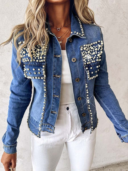 Rhinestone Pearl Decor Denim Jacket - allsose