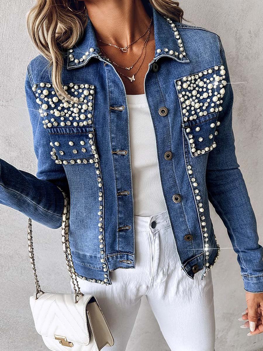 Rhinestone Pearl Decor Denim Jacket - allsose