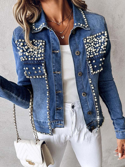 Rhinestone Pearl Decor Denim Jacket - allsose