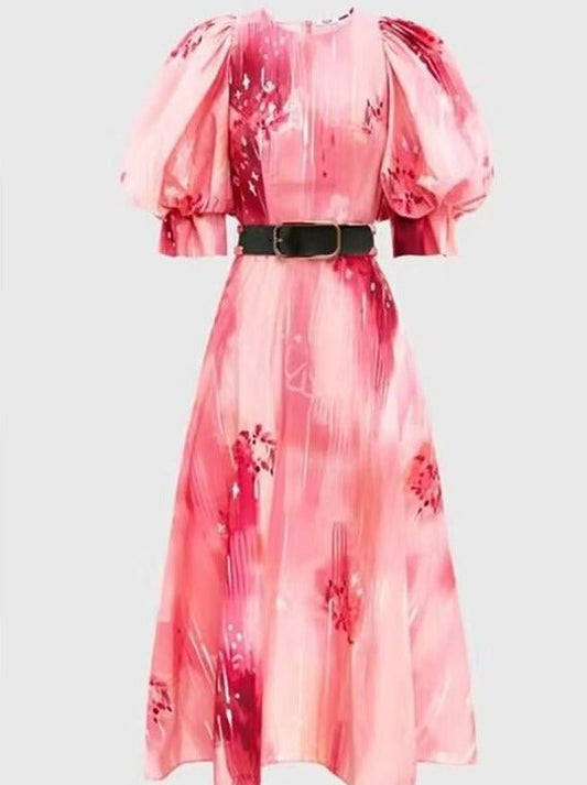 Round Neck Bubble Sleeve Pink Print Dress - allsose
