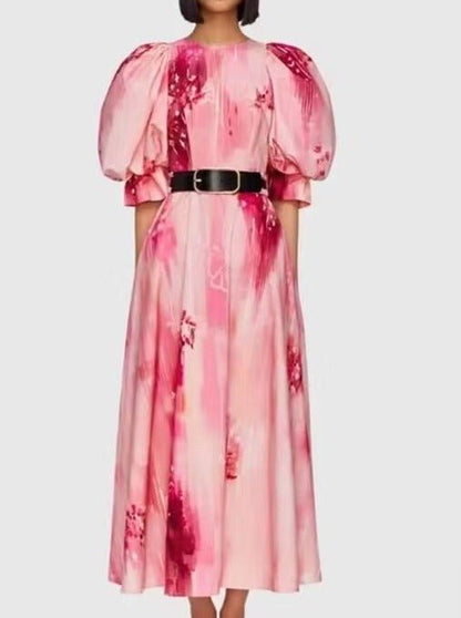 Round Neck Bubble Sleeve Pink Print Dress - allsose