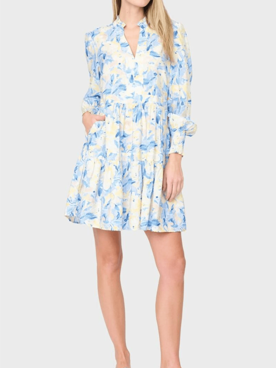 Ruffle Collar Smocked Waist Floral Print Shift Dress - allsose