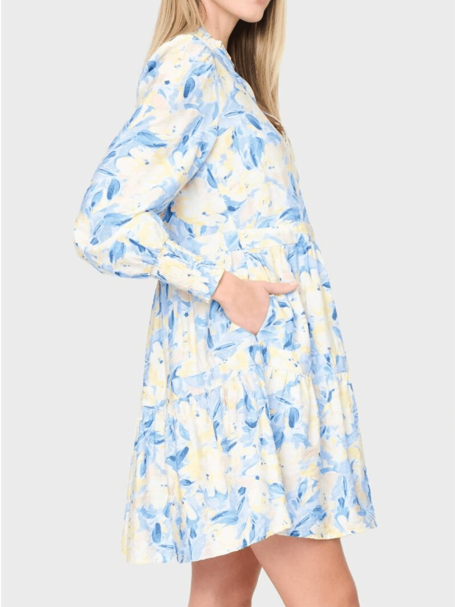 Ruffle Collar Smocked Waist Floral Print Shift Dress - allsose