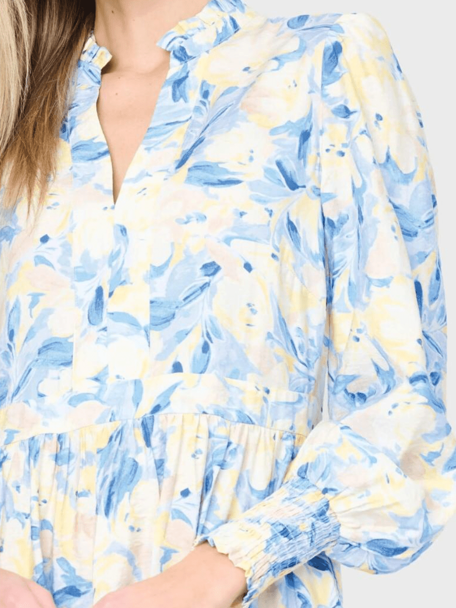 Ruffle Collar Smocked Waist Floral Print Shift Dress - allsose