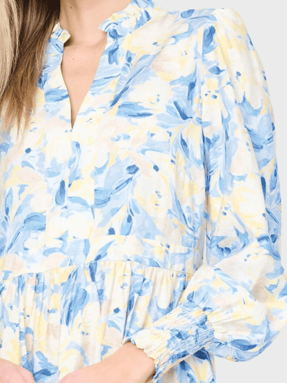 Ruffle Collar Smocked Waist Floral Print Shift Dress - allsose