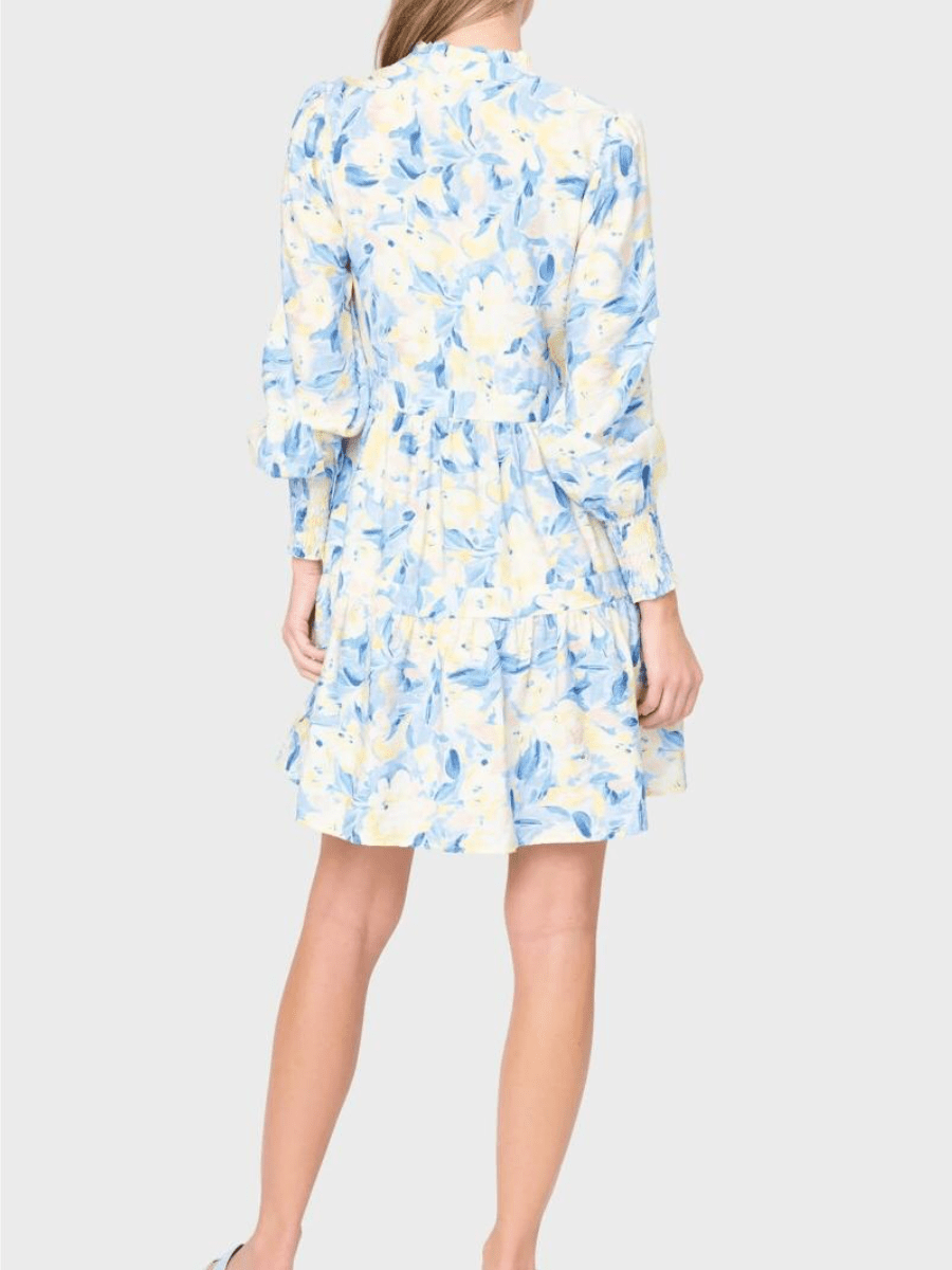 Ruffle Collar Smocked Waist Floral Print Shift Dress - allsose