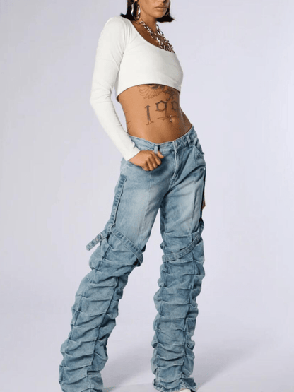 Ruffled Buckle - Accent Distressed Denim Pants - allsose