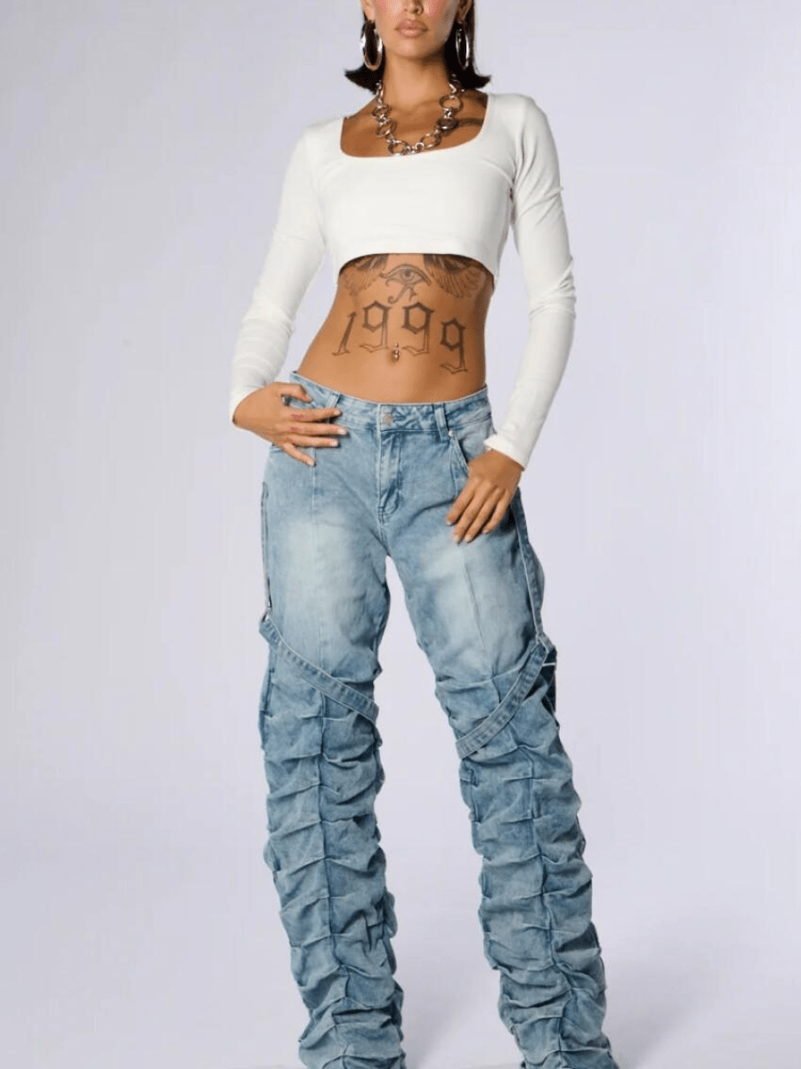 Ruffled Buckle - Accent Distressed Denim Pants - allsose