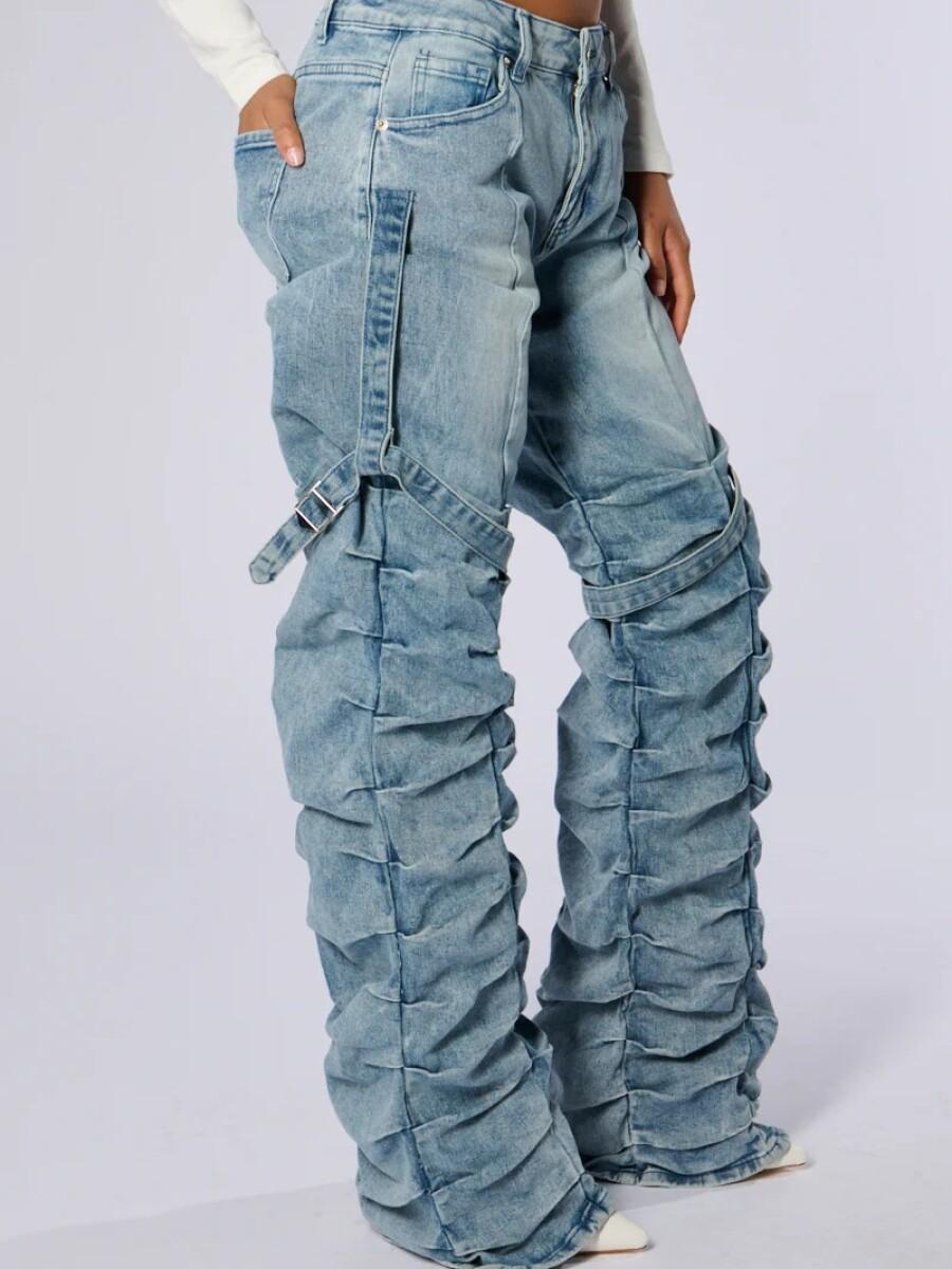 Ruffled Buckle - Accent Distressed Denim Pants - allsose