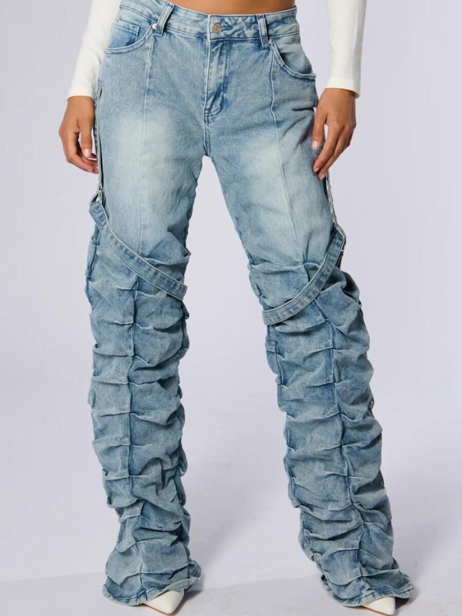 Ruffled Buckle - Accent Distressed Denim Pants - allsose