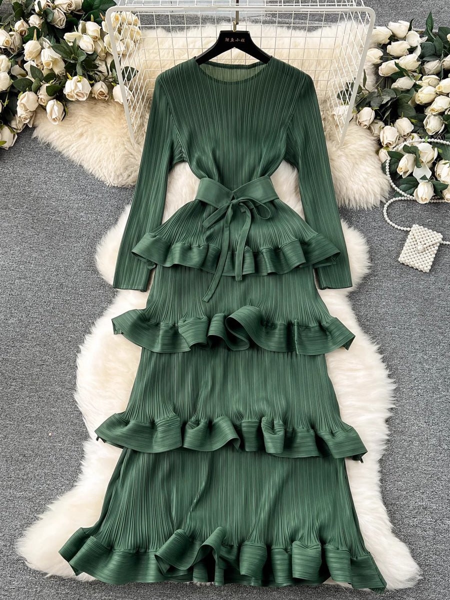 Ruffled Hem Long Sleeve Cake Dress - allsose