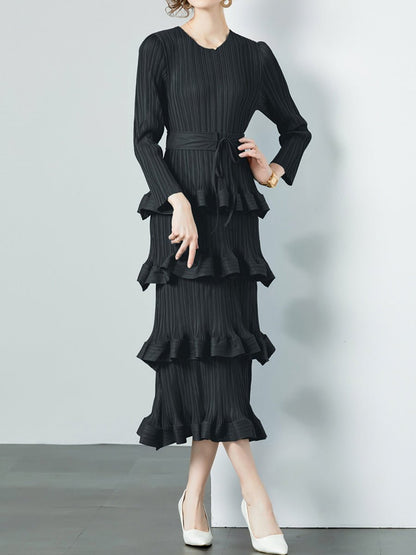 Ruffled Hem Long Sleeve Cake Dress - allsose
