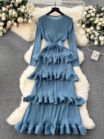 Ruffled Hem Long Sleeve Cake Dress - allsose