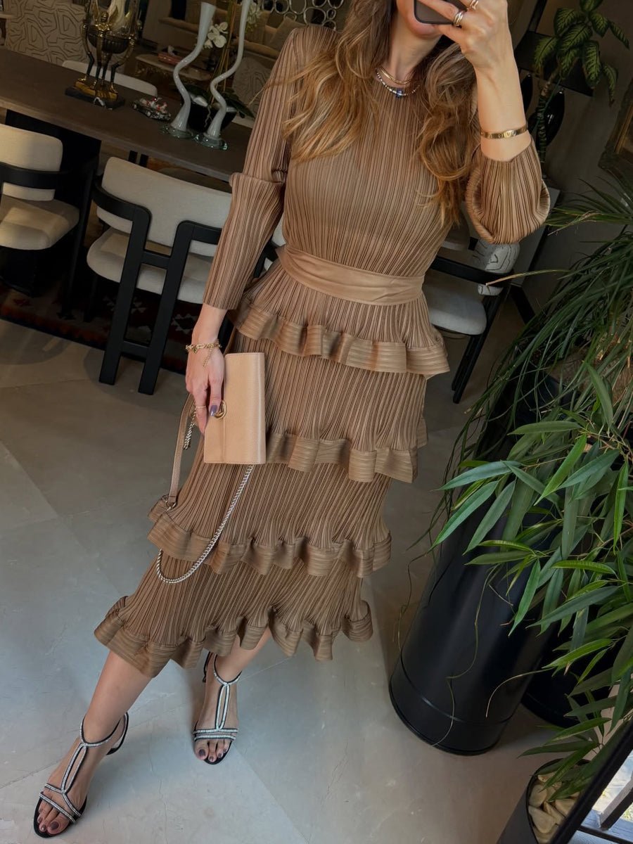 Ruffled Hem Long Sleeve Cake Dress - allsose