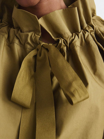 Ruffled Neck Adjustable Bow Balloon Sleeves Blouse - allsose