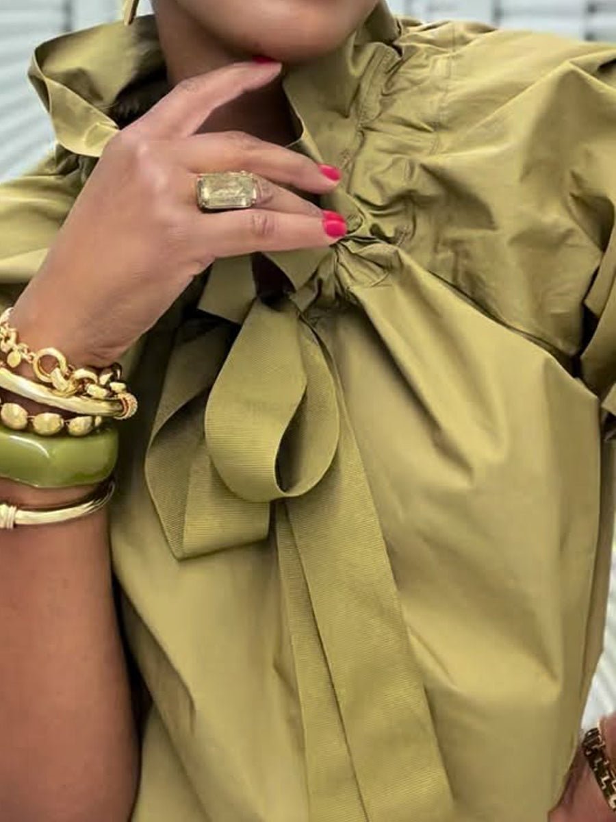 Ruffled Neck Adjustable Bow Balloon Sleeves Blouse - allsose