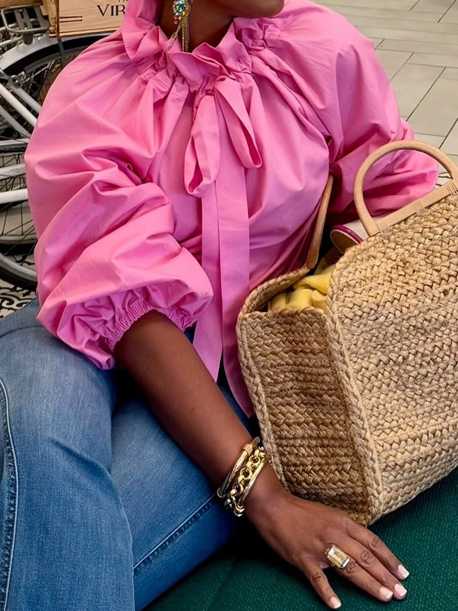 Ruffled Neck Adjustable Bow Balloon Sleeves Blouse - allsose