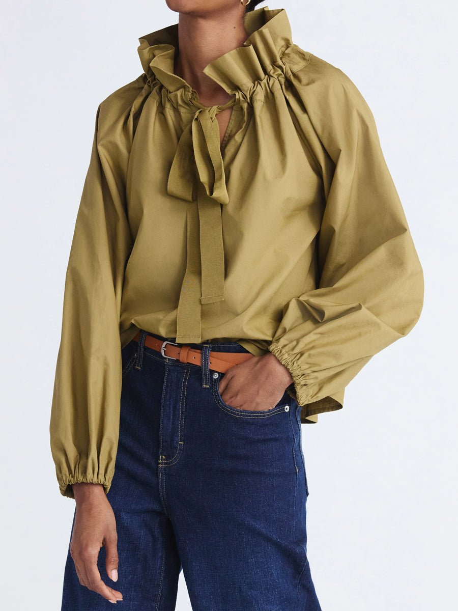 Ruffled Neck Adjustable Bow Balloon Sleeves Blouse - allsose