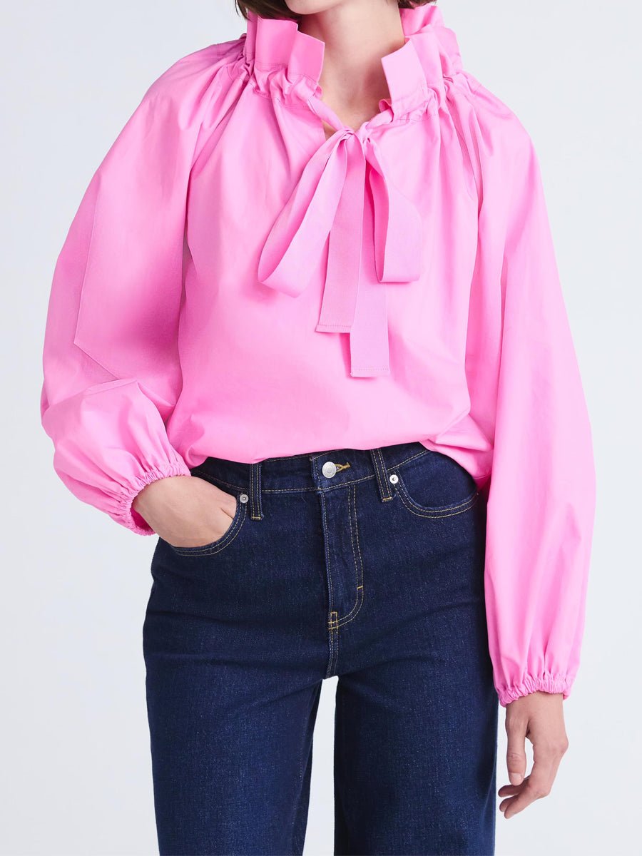 Ruffled Neck Adjustable Bow Balloon Sleeves Blouse - allsose