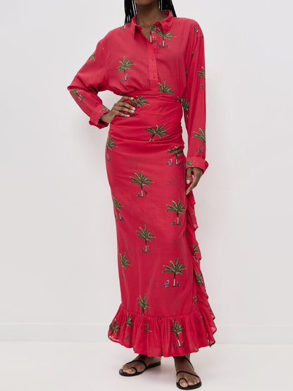 Ruffled Trim Tie Waist Two Pieces Dress - allsose