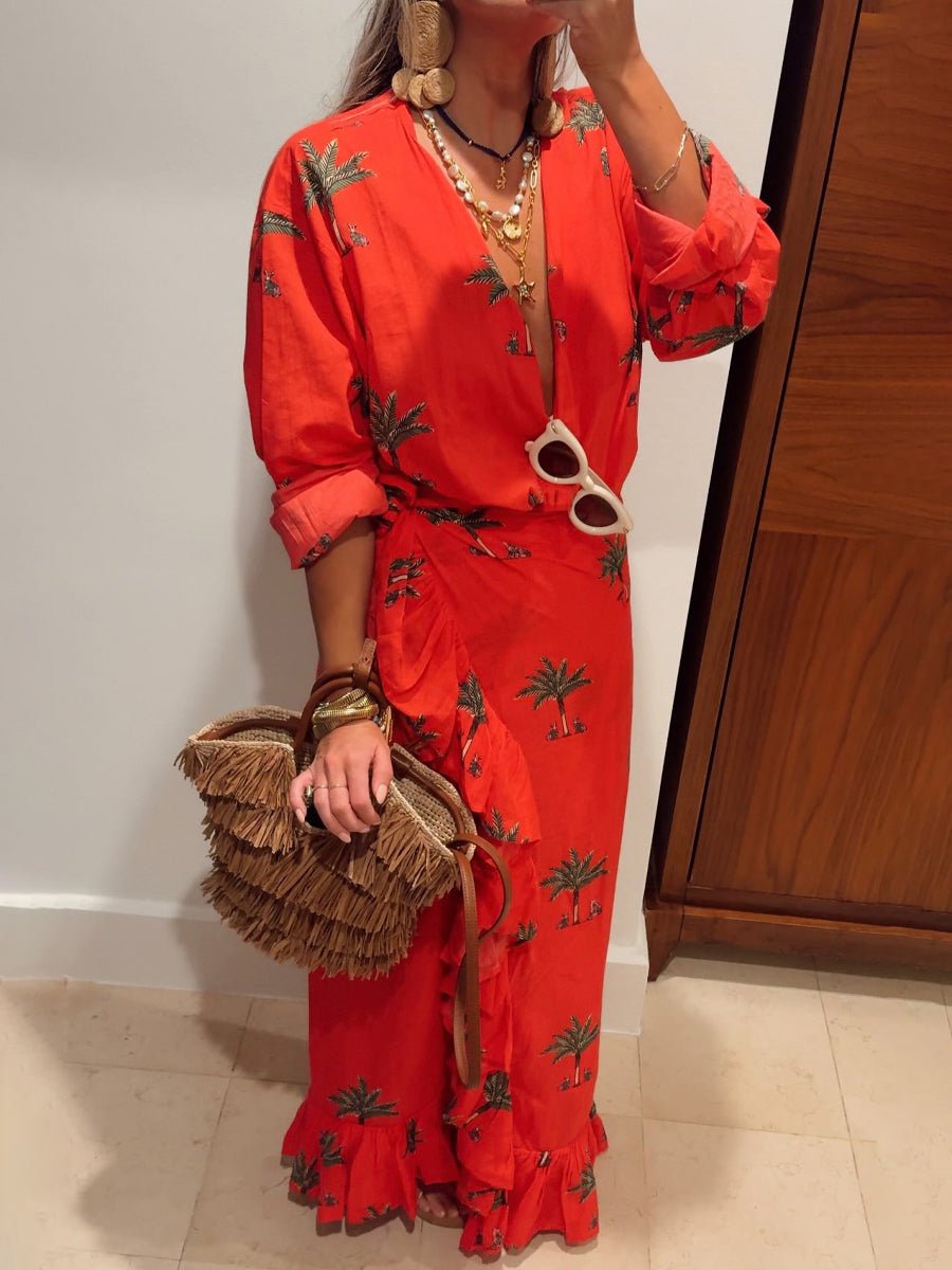 Ruffled Trim Tie Waist Two Pieces Dress - allsose