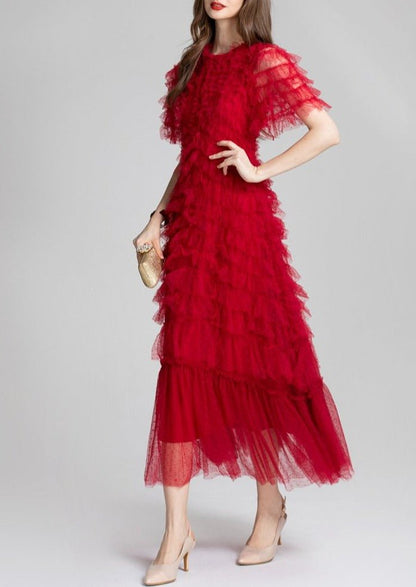 Ruffled Tulle Gown In Red - allsose