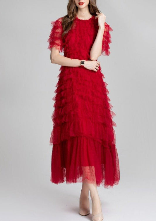 Ruffled Tulle Gown In Red - allsose