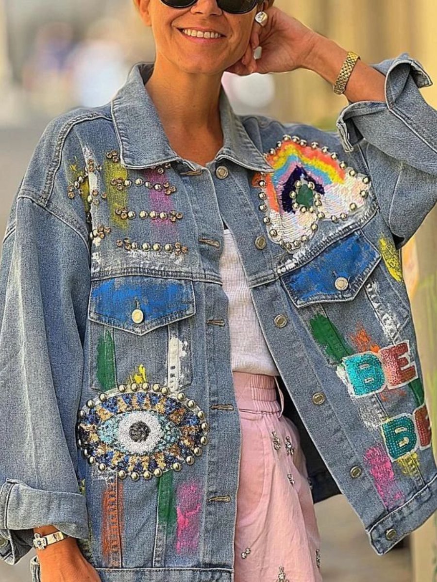 Sequin Embroidered Studded Denim Jacket - allsose