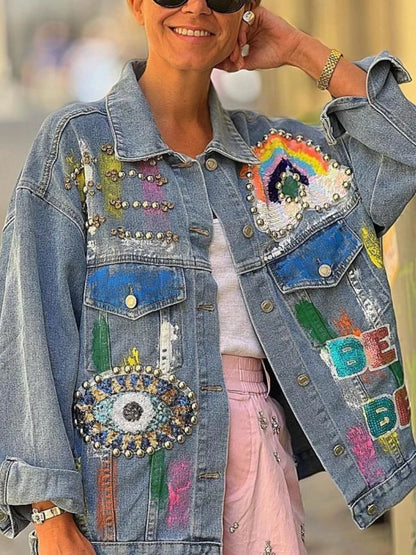 Sequin Embroidered Studded Denim Jacket - allsose