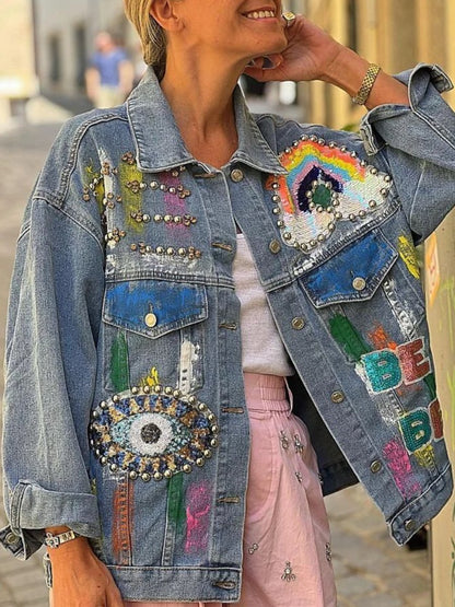Sequin Embroidered Studded Denim Jacket - allsose